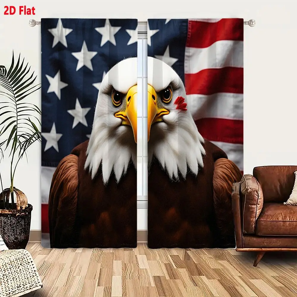2Pcs Curtains 2D Flat Anthropomorphic American Bald Eagle with White Head Neck Plumage Yellow Beak Intense Eyes Red Mark on Ches