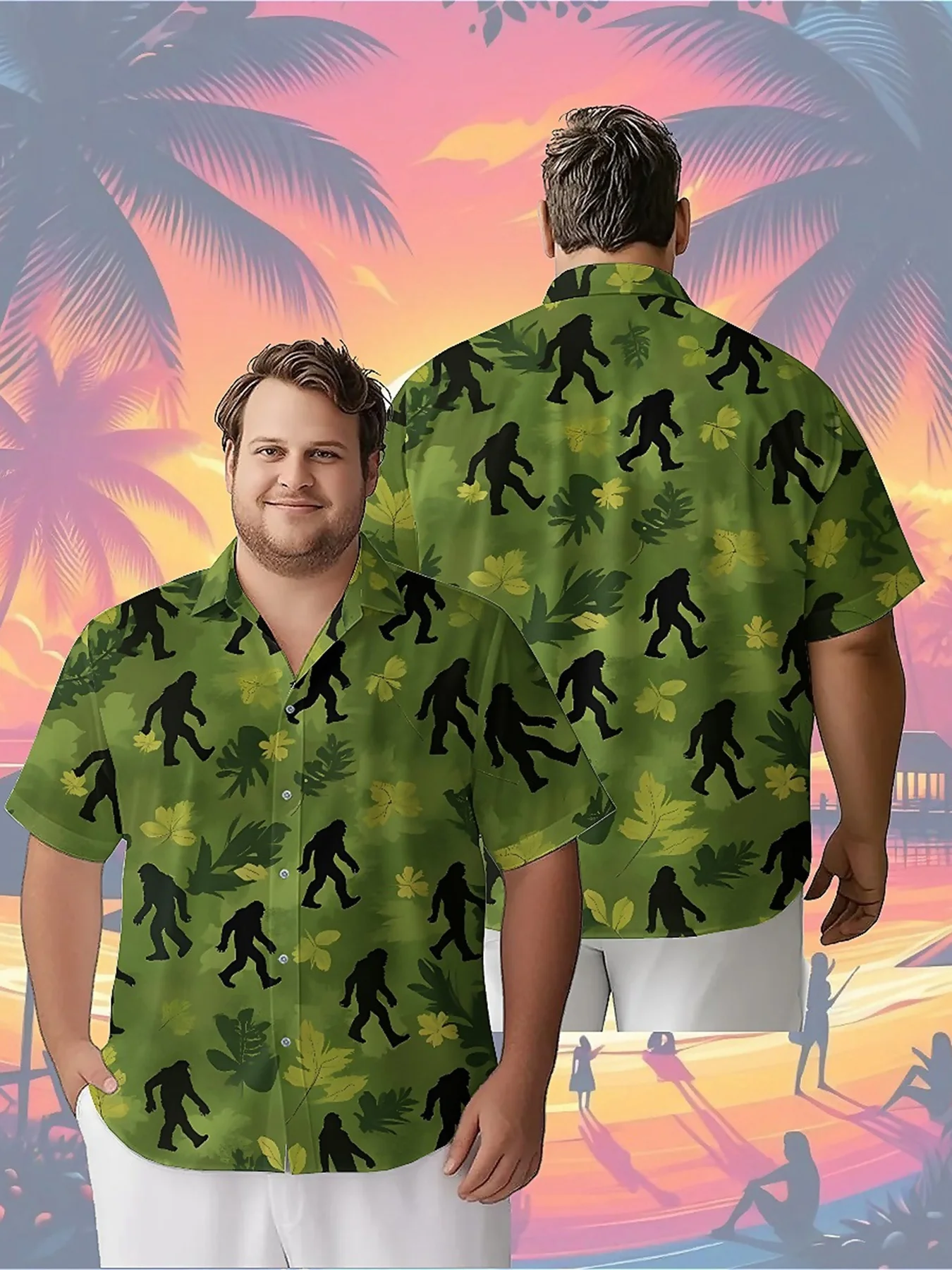 Men's Plus Size Hawaiian Shirts Sasquatch Jungle Adventure pattern, Button Up Shirts, Unisex Casual Clothing, Summer Tops