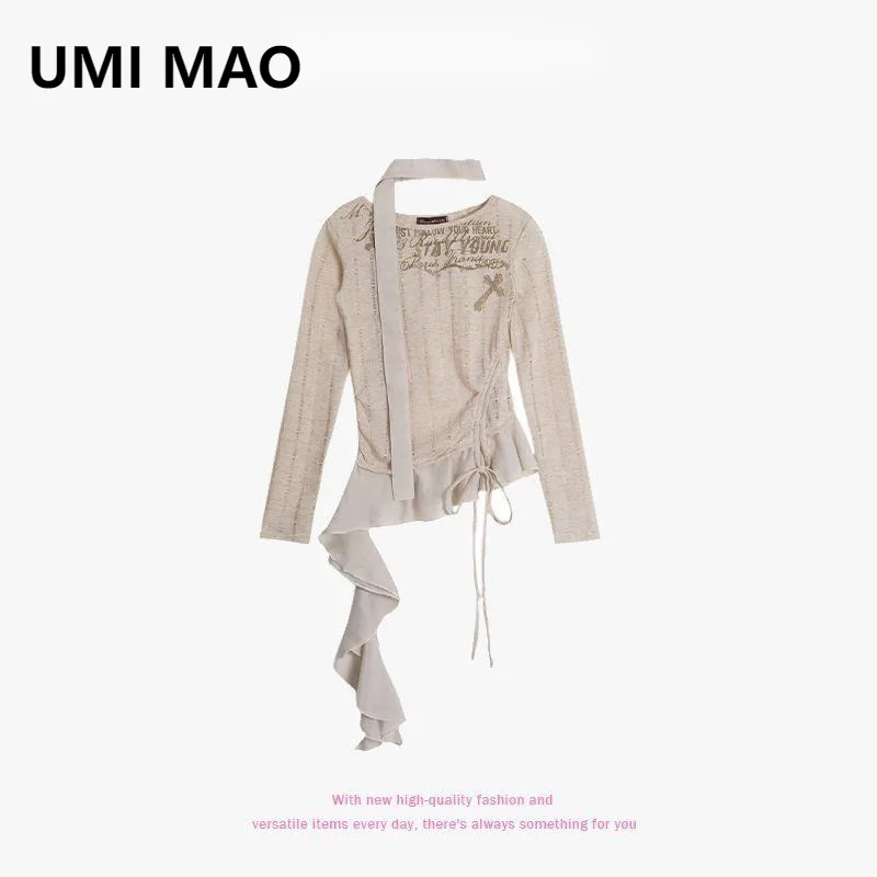 

UMI MAO Fudge Pink Spring New American Style Hot Girl Personality Design Slim Fit Long Sleeve T-Shirt