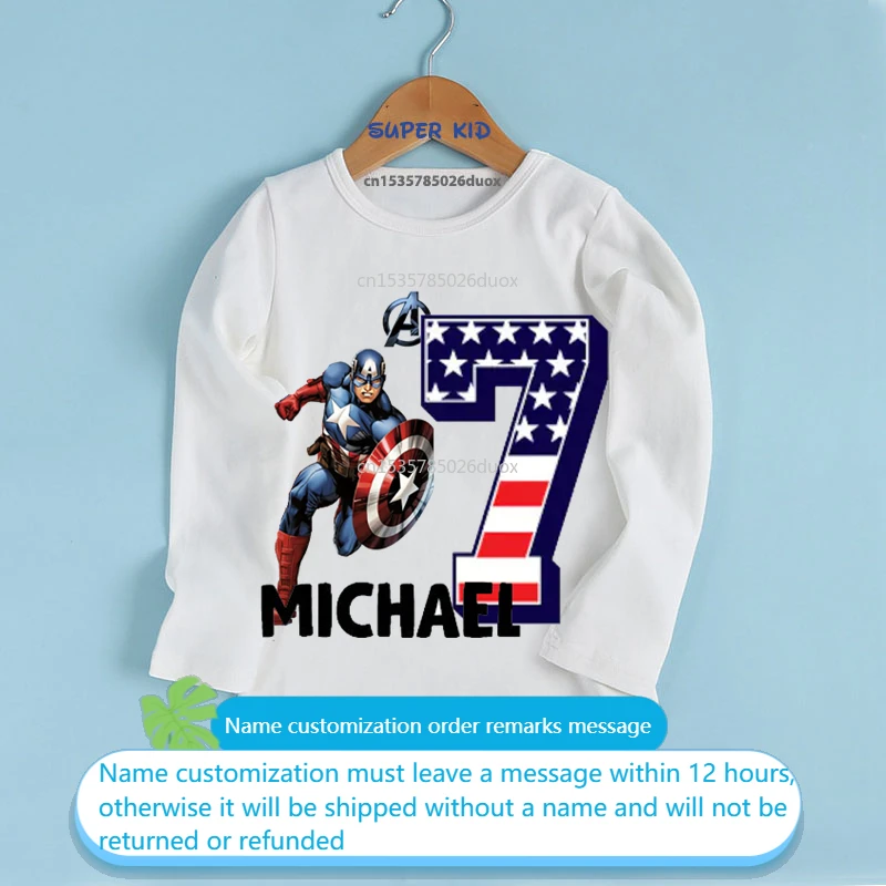 

Kid Autumn Captain America Personalised Girl Birthday Long Sleeve T-shirt 2 3 4 5 6 7 8 Boy Birthday Custom Name Bottoming Shirt