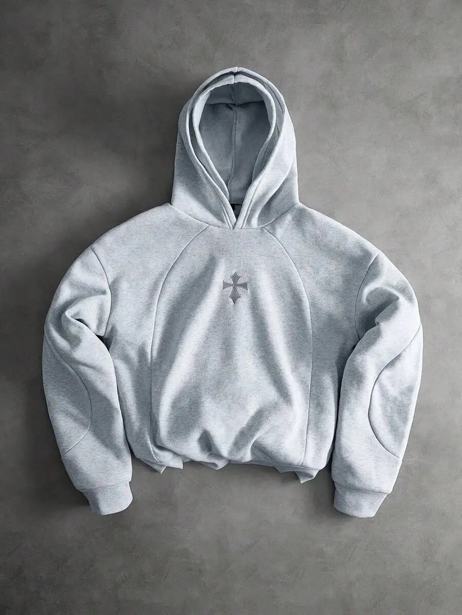 

Mens Grey Hoodie With 3D Cross Embroidery Double Layer Hood Street Style