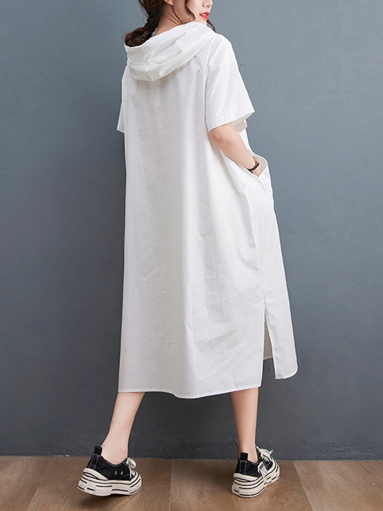 Black Vintage Oversized Dresses For Women New Hoode Short Sleeve Loose Casual Long Summer Dress Fashion Elegant Clothing 2024