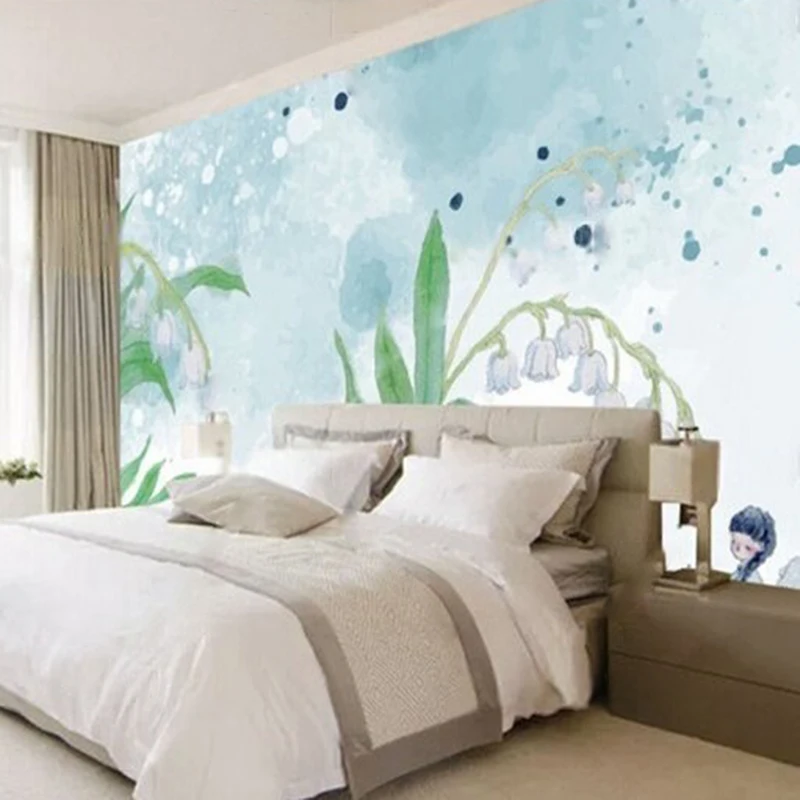 New modern simple hand-painted flower beautiful and fresh mural TV luxurious home decoration bedroom background wall