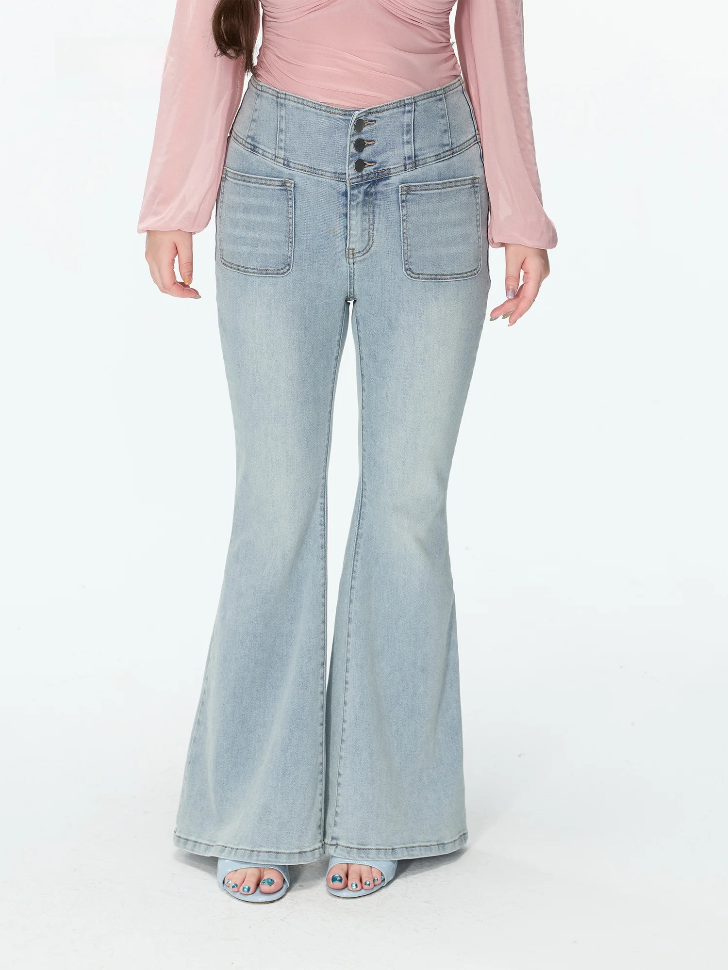 

Slimming High Waist Bell Bottom Jeans Women's Summer Thin Model plus Size Light Color Casual Style Zipper Fly Jeans