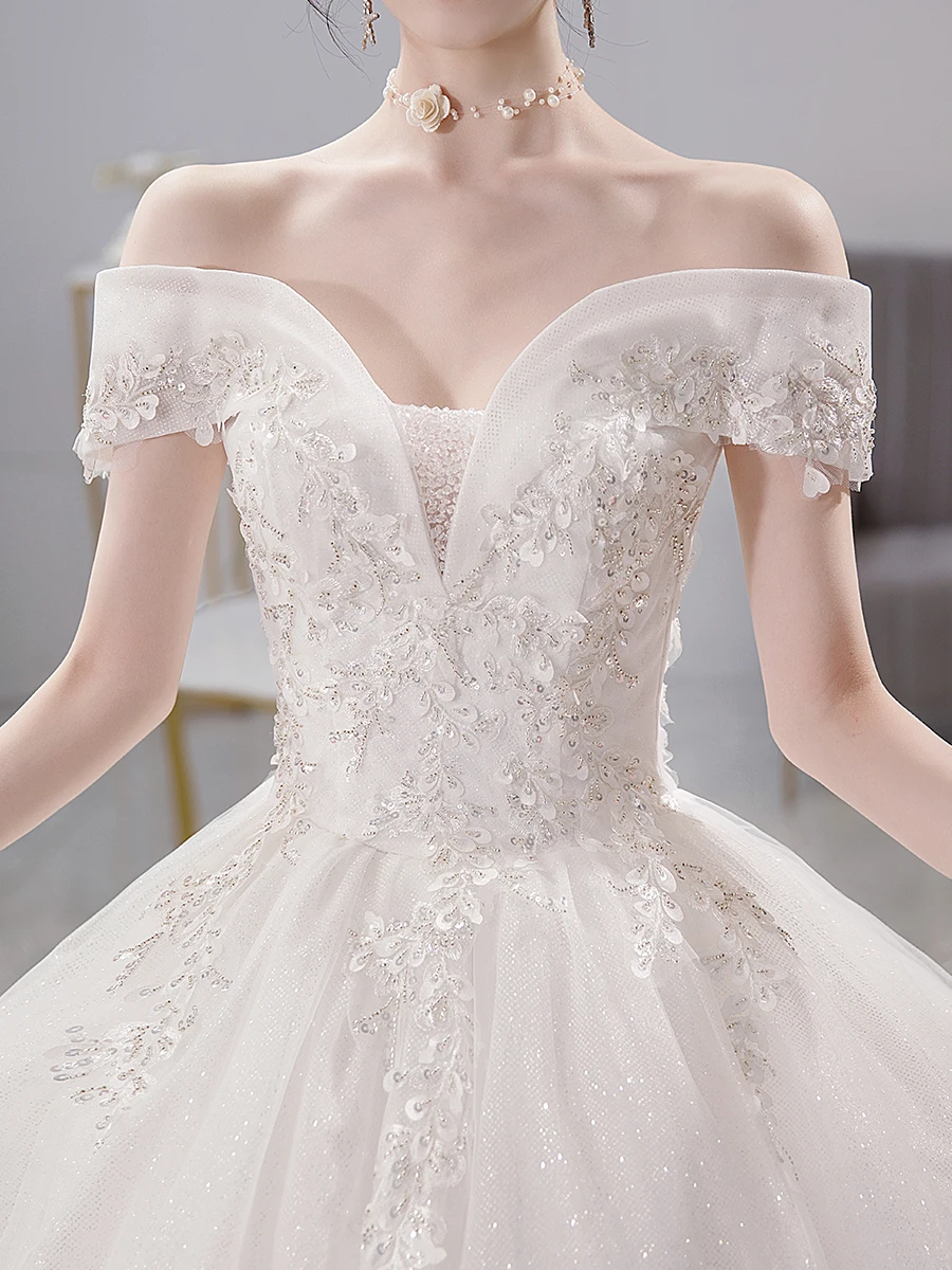 2023 semplice ed elegante abito da sposa scollo a barca con spalle scoperte abito da sposa in pizzo con paillettes Vestido De Noiva Plus Size realizzato su misura