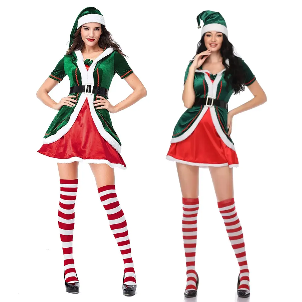 

Adult Cheery Santa Helper Christmas Elf Woman Holiday Costume Fun At Your Xmas Party Festival Season Dress Up with Sock