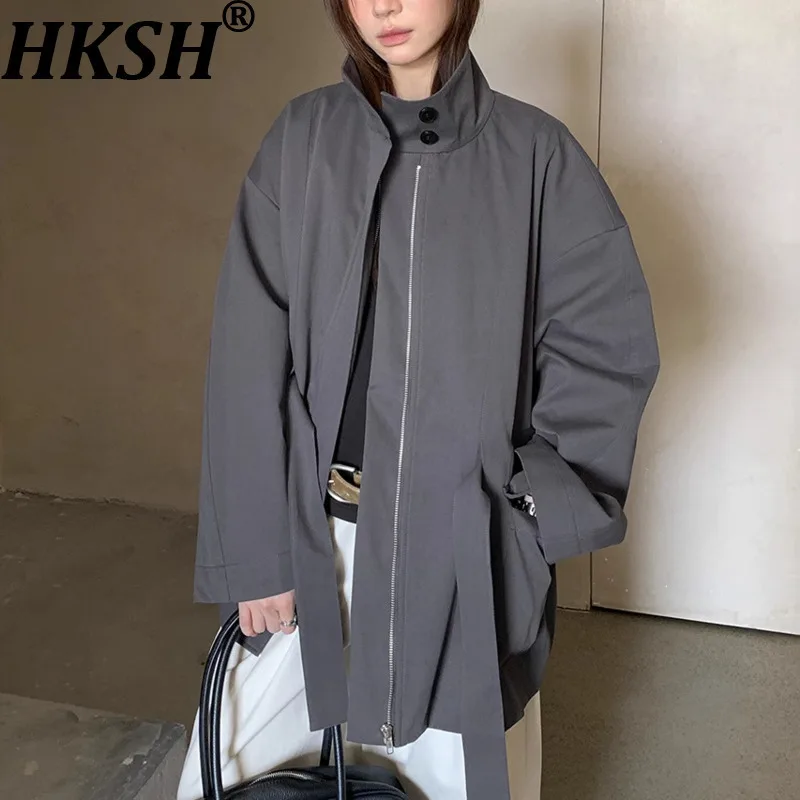 

HKSH весна осень новый женский плащ воротник-стойка с карманами на молнии однотонная универсальная ветровка повседневная куртка Ins HK13442