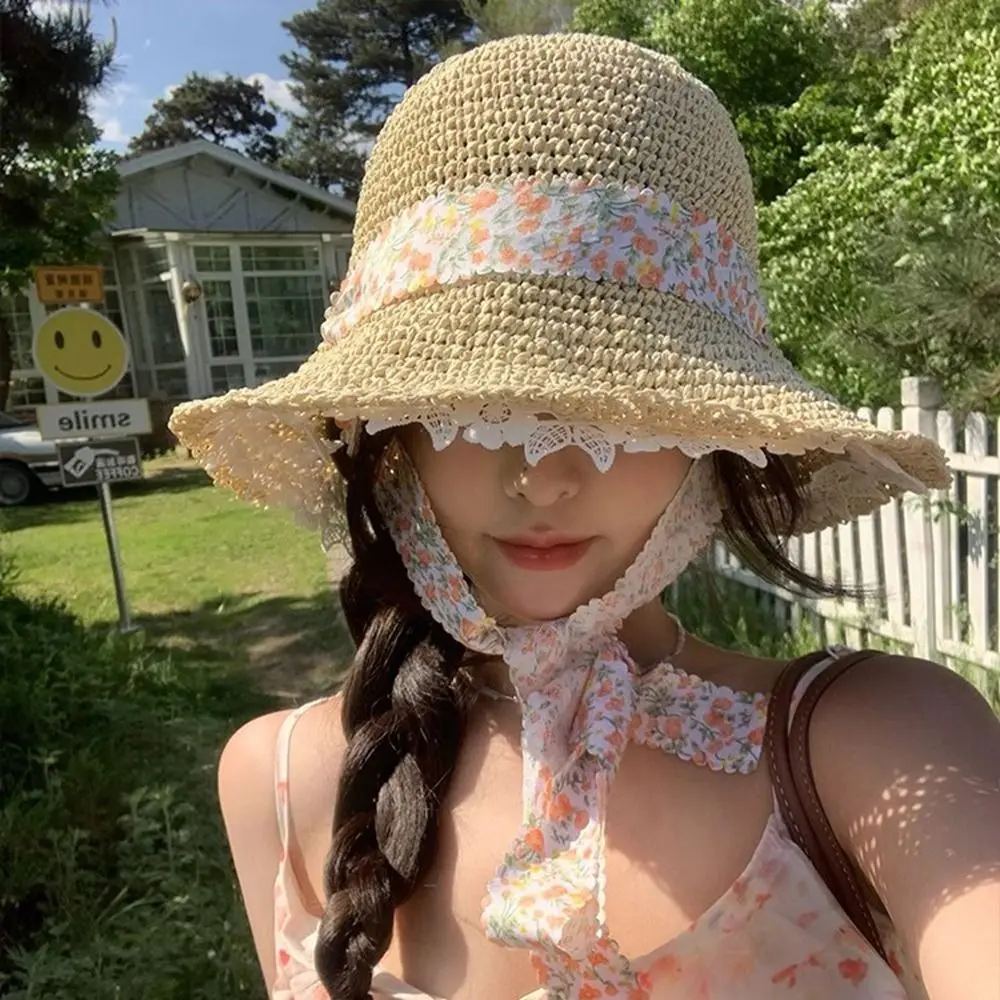 

Simple UV Protection Weave Straw Hat Lace-up Ribbon Beach Hat Boho Flower Outdoor Visor Cap Holiday