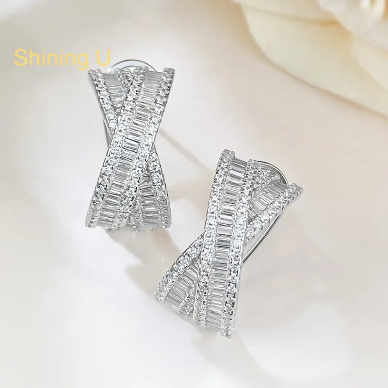 Shining U S925 Silver Emerald Cut Gems Stud Earrings for Women Fine Jewlry Engagement