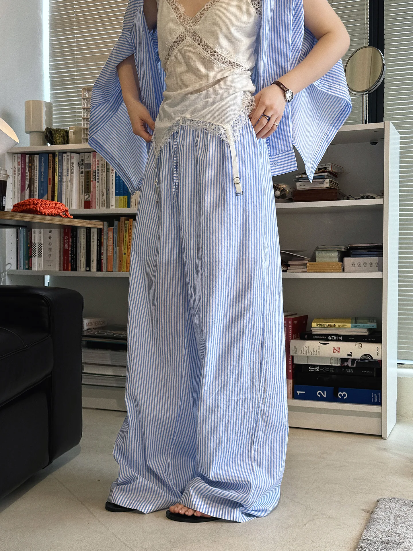 Summer Elastic Contrasting Color Drawstring Vertical Stripe Straight Leg Pants, Loose and Fresh Pants for Women