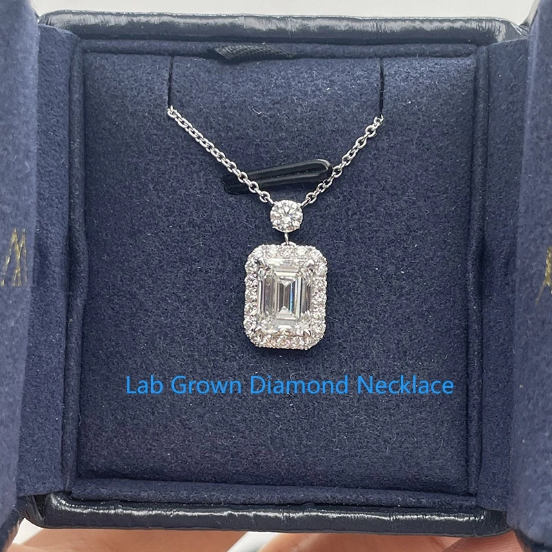 

2CT Main Stone Emerald Cut IGI &0.15CT Round Lab Grown Diamond Chain Necklace DEF VS-VVS Platinum 950 Diamond Necklace For Lady