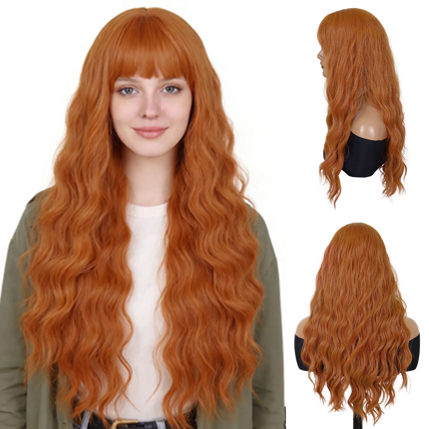 

Halloween Costume Wigs Synthetic Orange Wigs 28 Inch Super Long Body Wavy Wig with Bangs for Women Daily Party Anime Cosplay
