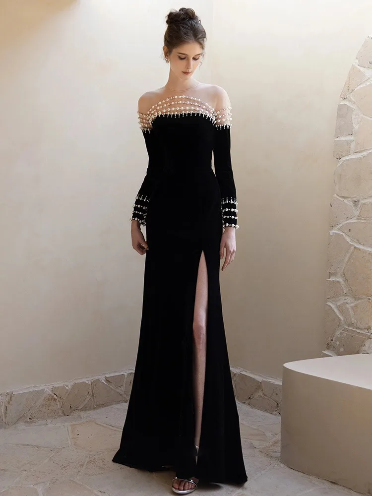 Hepburn Style Black Evening Dress 2024 New Long Sleeves Prom Dress Off The Shoulder With Pearls Fishtail Dress Vestidos De Noiva