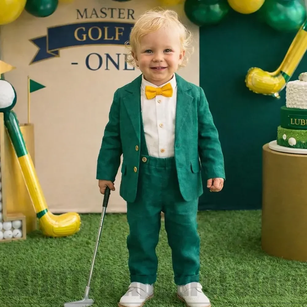 Emerald Green Linen Boys Suit Two Piece Fashion Kids Birthday Party Outdoor Garden Wedding Page Boy Daily Casual Outfit