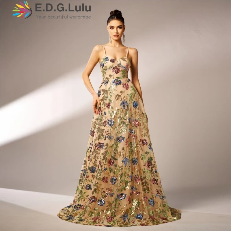 EDGLuLu Strapless Party Dresses Women 2024 Sequin Embroidery Floral Birthday Dresses Sexy Backless Long Mermaid Dresses 1213