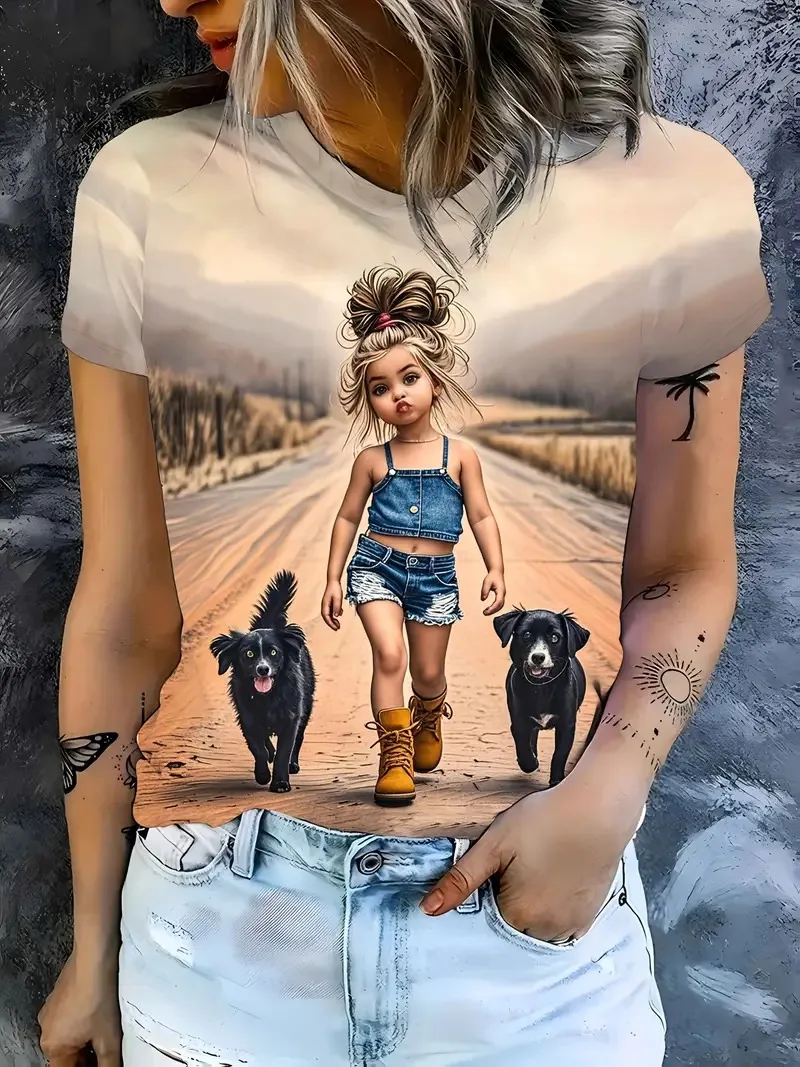 

New Summer Round Neck Women's T-shirt Fashion 3D Little Girl Puppy Printed Short Sleeve Cartoon Casual Women Tops Y2K Streetwear
