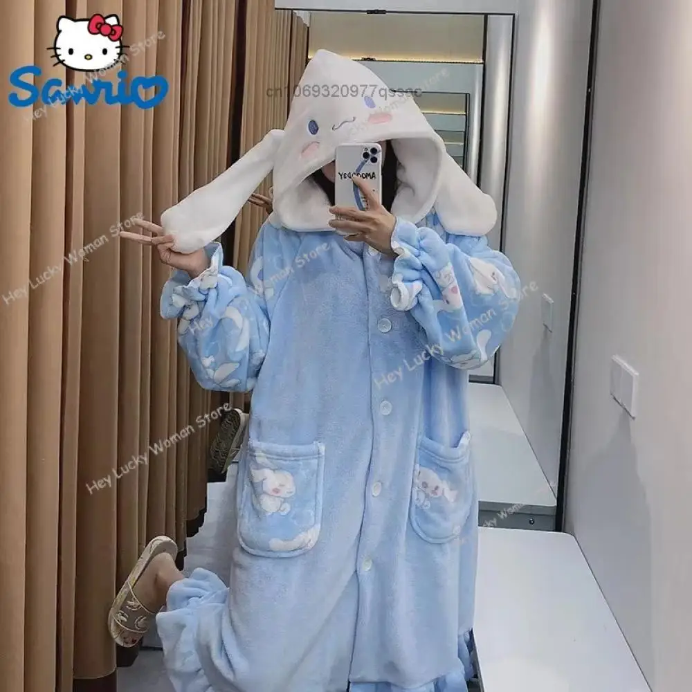 2Pcs Cinnamoroll Hooded Pajamas Set New Sanrio   Women's Cotton Plush Autumn Winter Cartoon Pajamas Student Flannel Home Clothes