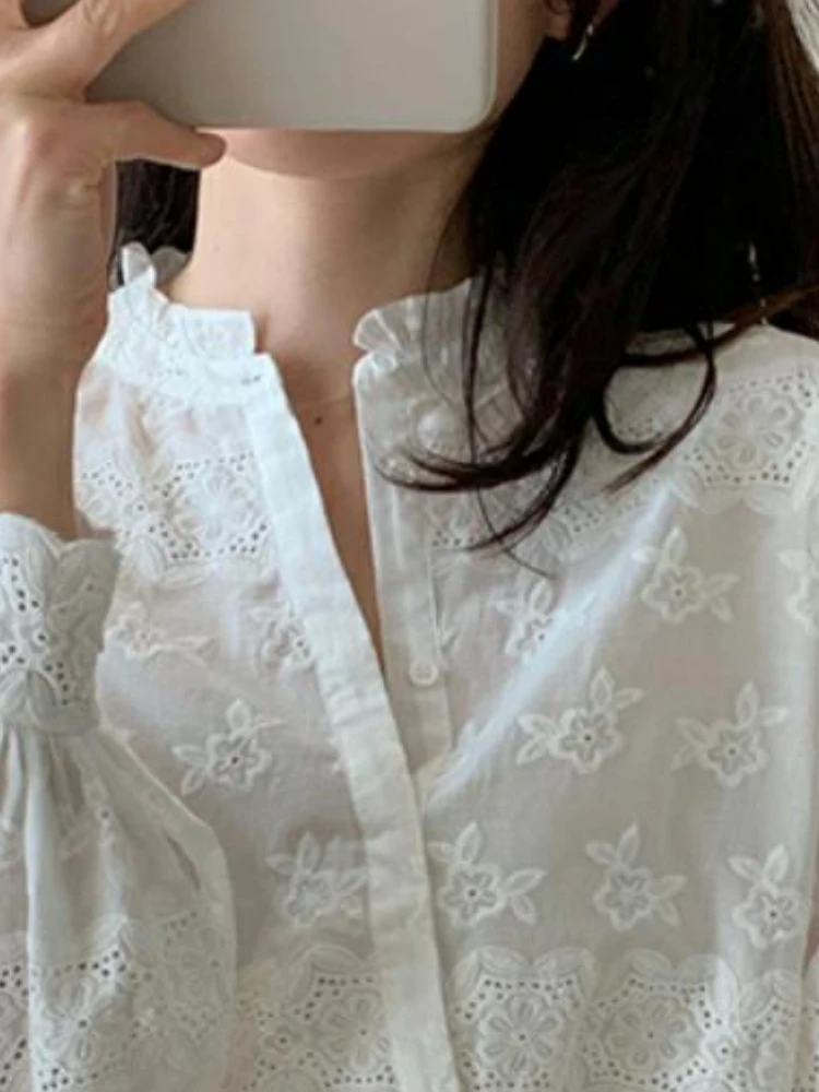 Temperament Embroidery Flower Tops Sweet Lantern Sleeve Chic Blouses Women Stand Neck Single Breasted Tops Vintage Korean Shirts