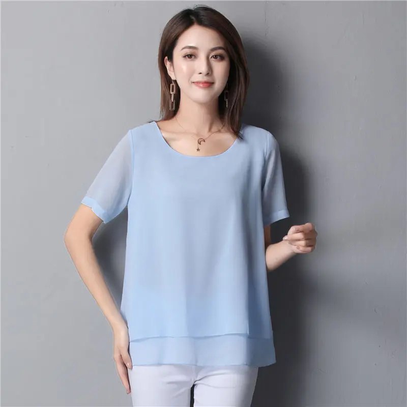 Frauen Chiffon Hemd Lose Plus Größe Bluse Damen Sommer Stil Oansatz Kurz-Ärmeln Weibliche Tops 5xl 6xl