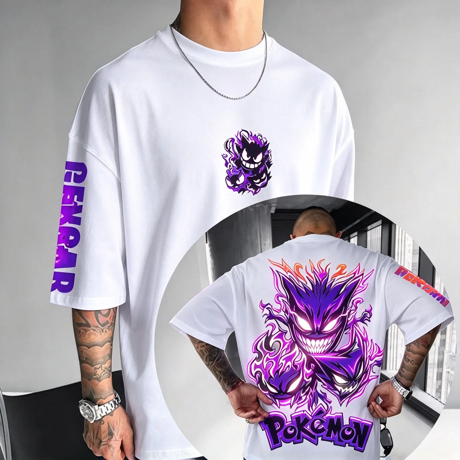 camiseta-branca-masculina-e-feminina-com-estampa-grafica-retro-e-moderna-do-pokemon-gengar-tema-fantasma-venenoso-e-escuro-manga-curta-oversized-estilo-streetwear