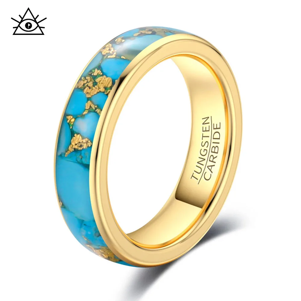 6mm Wide Inlaid Golds Foil Tungsten Steel Ring High-end Turquoise Pattern Men And Women Jewelry Proposal Rings