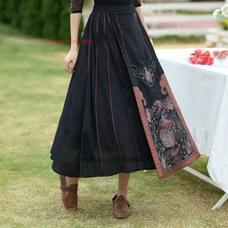 2025 chinese vintage skirt flower embroidery ethnic satin jacquard skirt traditional elastic waist folk a-line horse-face skirt