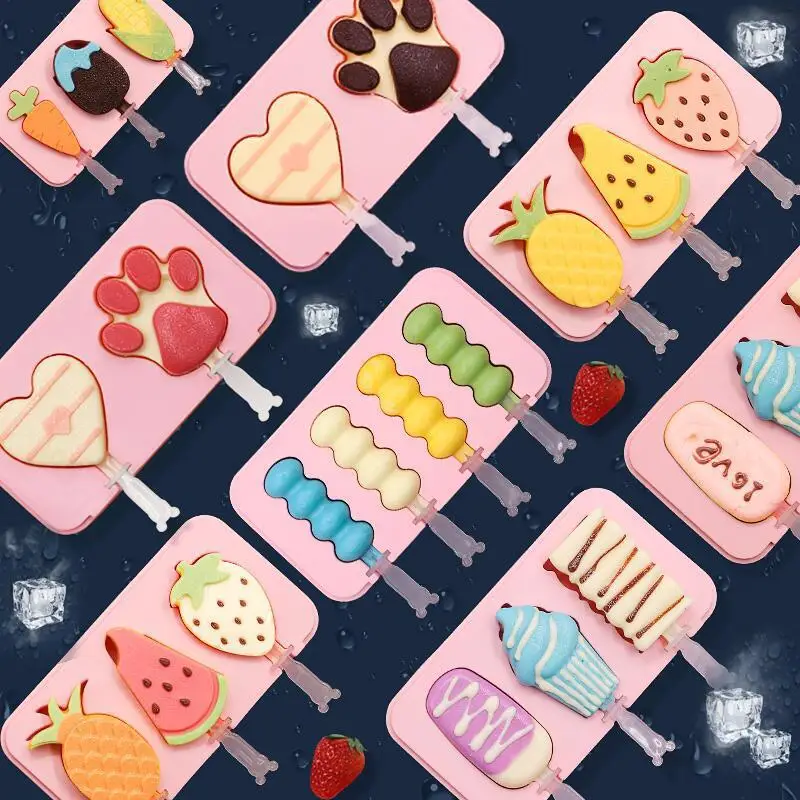 

Silicone Ice Cream Mold DIY Cartoon Animal Fruit Popsicle Mould With Lid and Stick Ice Cube Maker Kitchen Tools Accessories