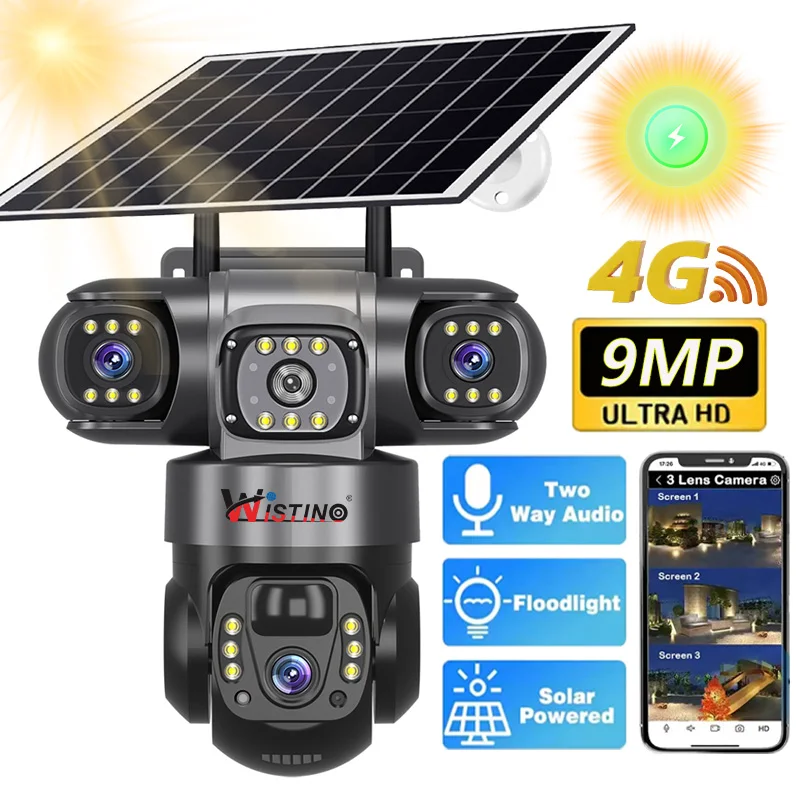 

Wistino 9MP Ultra HD 4G Sim Card Solar Camera Three Lens PTZ Humanoid Tracking Detection Voice Alarm Solar CCTV Camera
