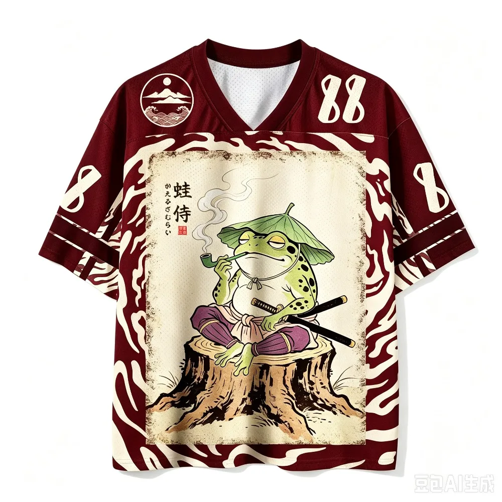Retro-T-Shirt im japanischen Ukiyo-e-Stil mit Krieger-Frosch-Muster, 3D-gedruckt, feuchtigkeitsableitend, V-Ausschnitt, locker geschnitten, lässig, für Erwachsene und Kinder, Streetwear. – Detail 5
