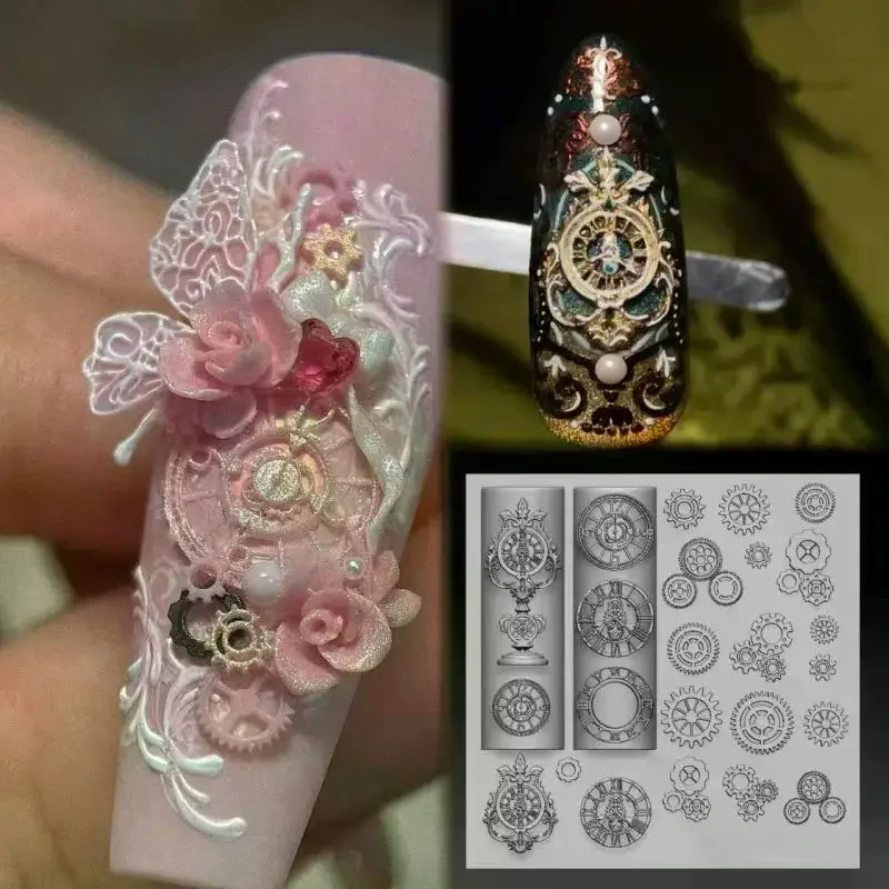 Exquisite Clock Gears 3D Silicone Nails Mold For Nail Charms DIY Nail Art Decorations Soft Stamping Mold Manicure Design Tools