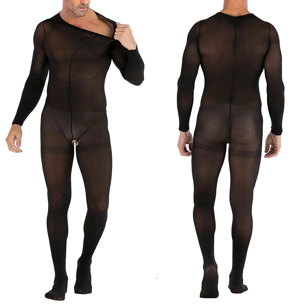 Body Sexy para hombre, lencería exótica sin entrepierna, mono transparente negro, medias de cuerpo completo ahuecadas, ropa interior