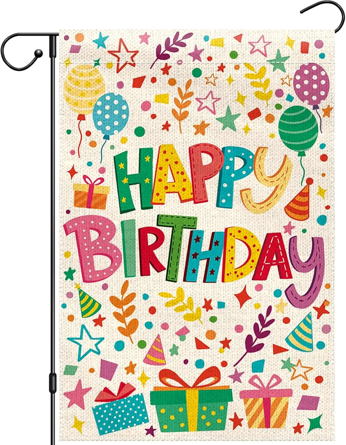 Happy Birthday Garden Flag 12×18 Inch Double Sided, Colorful Balloon Birthday Cake Banner Yard Flag Outside Decorations, Per SSL
