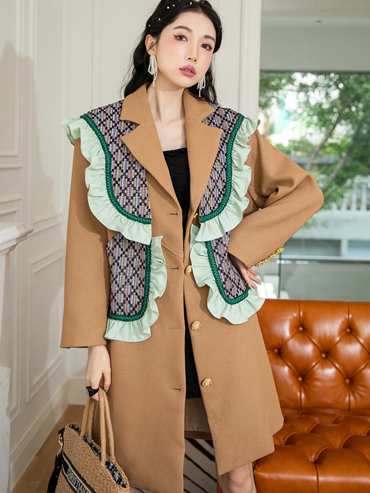 TPJB New Fake Two Piece Ruffled Windbreaker Coat For Women Vintage Long Sleeve Patchwork Trench Jacket Summer New Outwears