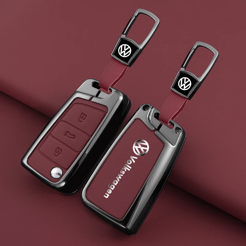 Leather Car Remote Key Case Fob Cover Protector Holder Shell For VW Volkswagen Golf 7 MK7 Tiguan MK2 T-roc T-cross Accessories