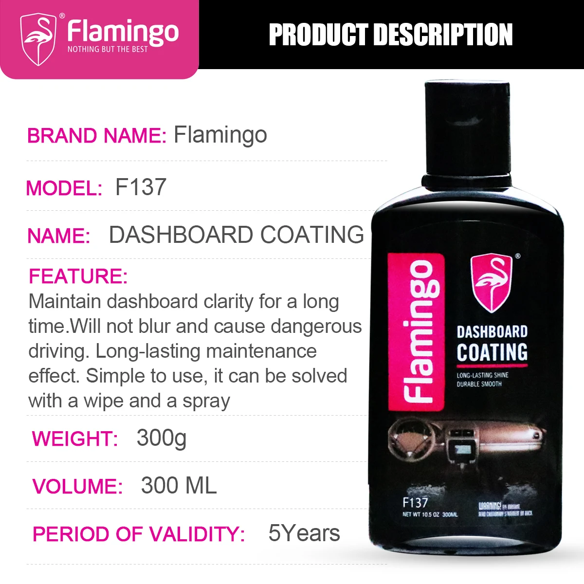 Flamingo F137 300ml Dashboard Coating Car Interior Cleaner For Auto Detailing and Restoration All Purpose Solvent