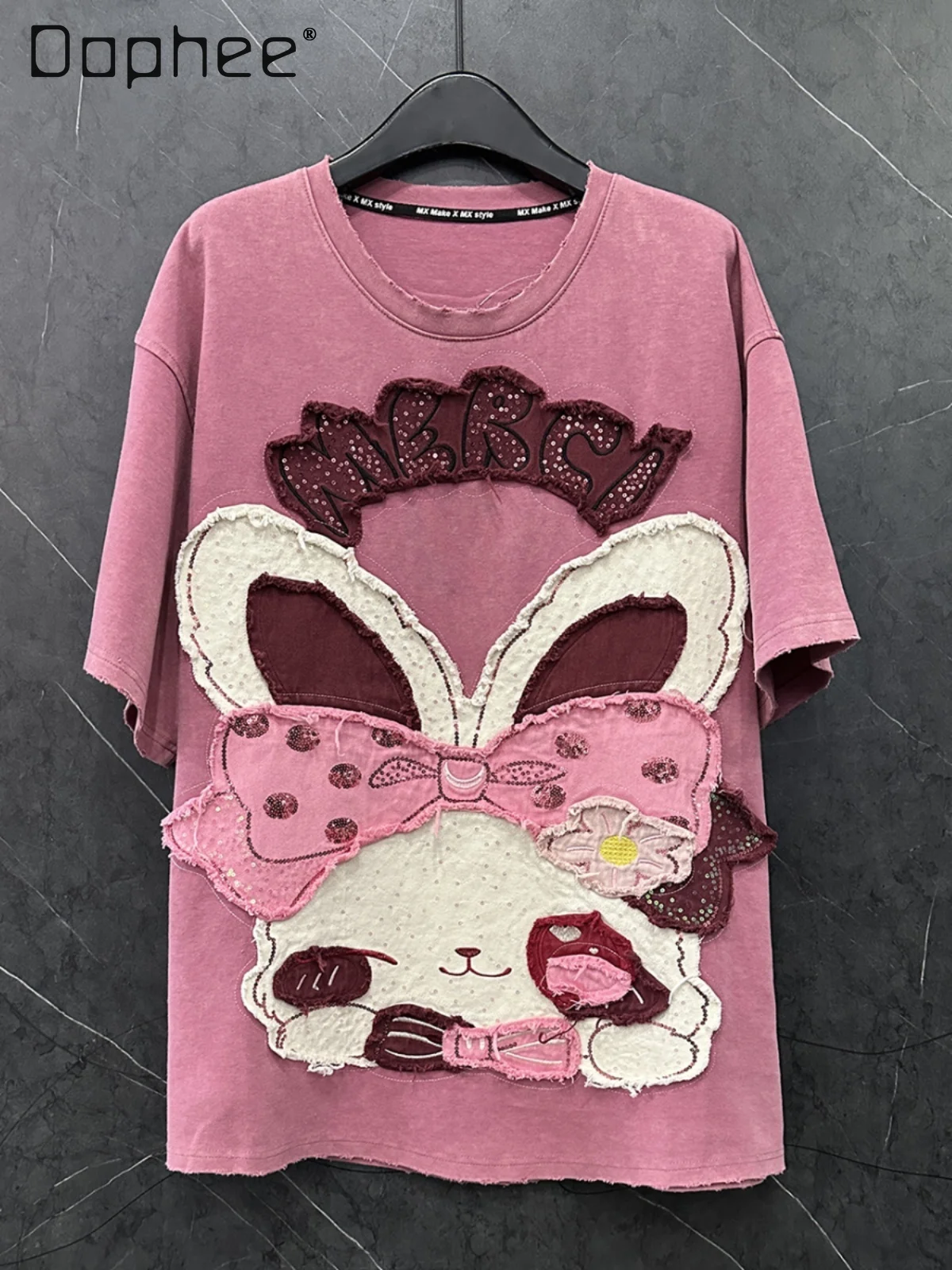 

2025 Spring and Summer Heavy Industry New Sticker Cartoon Embroidery Short-sleeved T-shirt Women's Loose Bow Rabbit Sweet Top