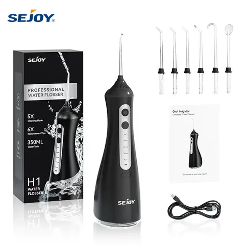 Sejoy Electric Oral Irrigator Water Dental Flosser Pick for Teeth Cordless 350ML Water Tank,6 Cleaning Modes, IPX7 for Home