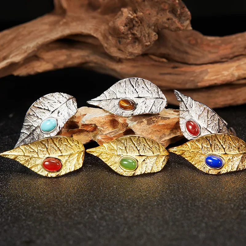 Original personalized leaf design fashionable S925 sterling silver natural colored treasure ring niche premium index finger