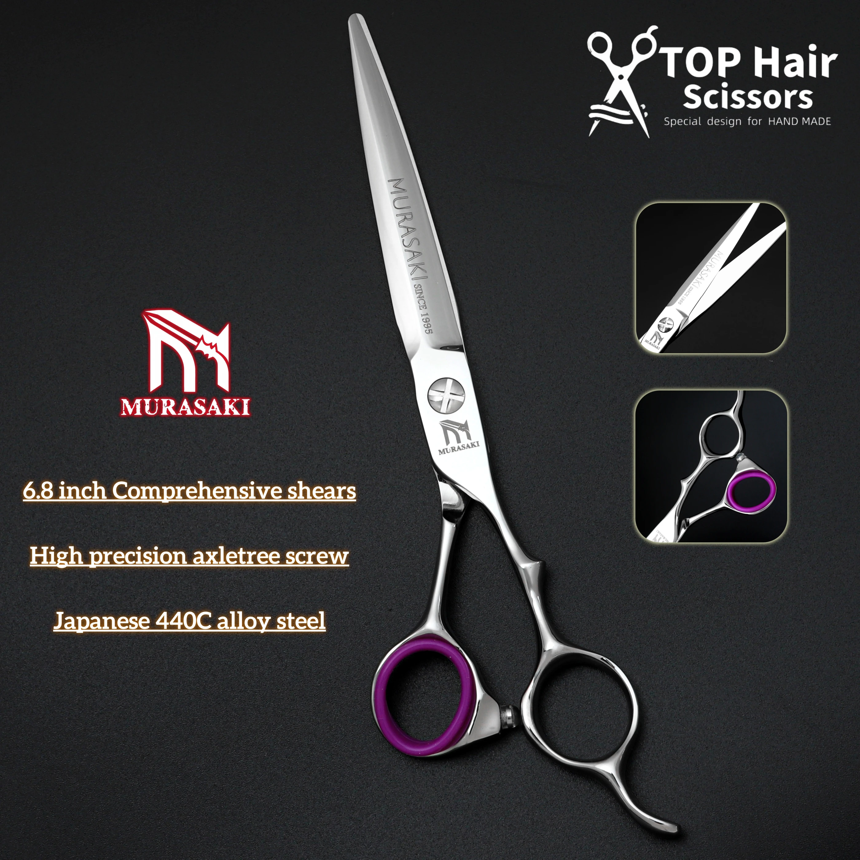 مقص تصفيف الشعر الاحترافي من MURASAKI، مقصات حلاقة مقاس 6.1-6.5-6.8 بوصة 440C، مقبض مريح لقص الشعر
