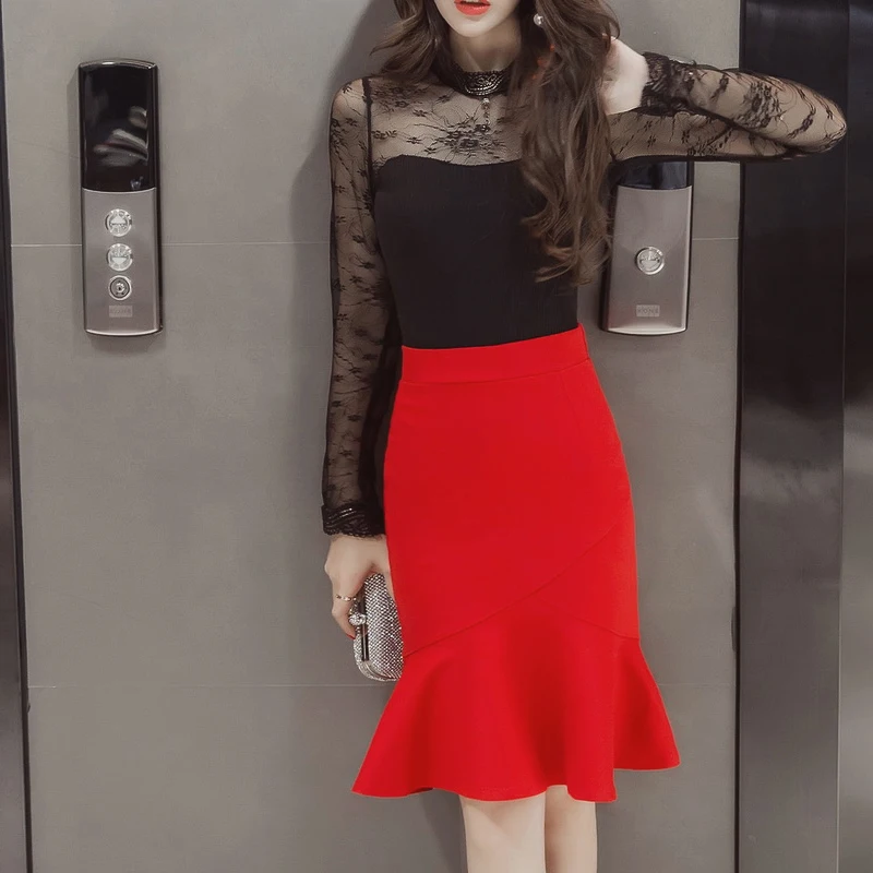 Ruffles Hem Mermaid Style Office Skirts Women Pencil Skirt