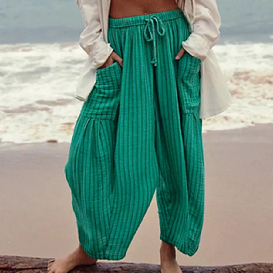 

2026 повседневные брюки, женские полосатые широкие брюки, свободный крой, брюки с эластичной резинкой на талии и шнурком, удобная повседневная повседневная одежда