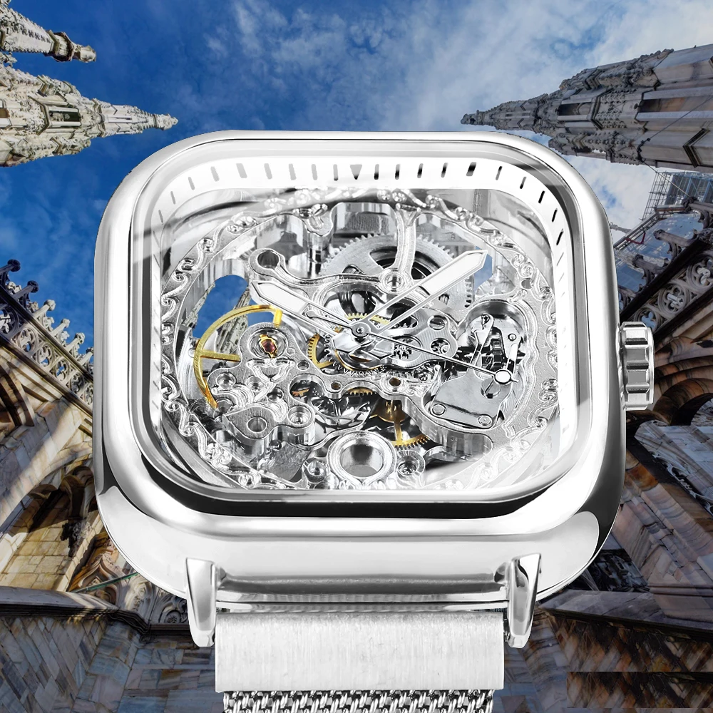 Forsining Square Skeleton Automatic Watch for Men Luminous Hands Engraved Movement Luxury Mechanical Watches Mesh Steel Strap