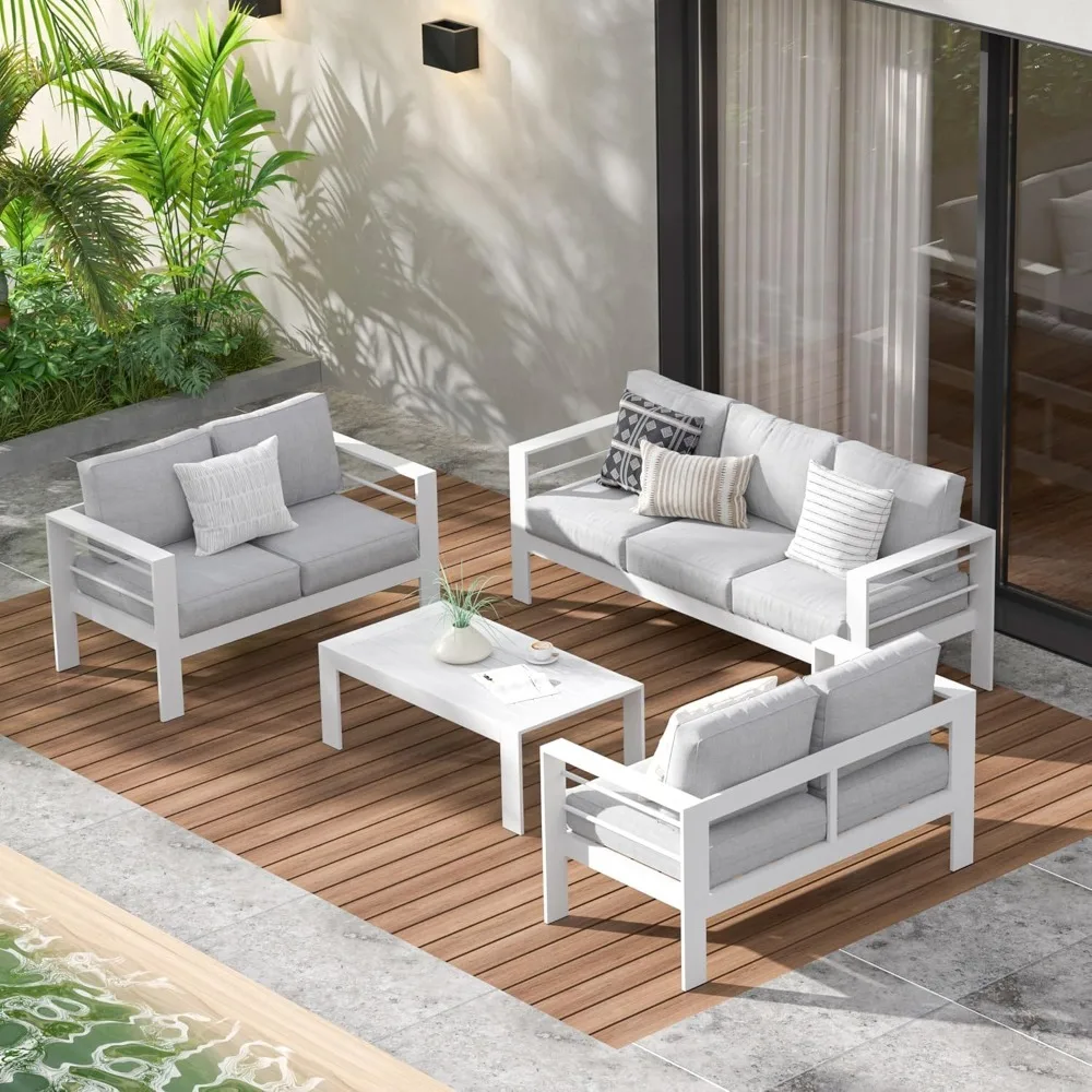 

Aluminum Outdoor Patio Furniture Set, Modern Patio Conversation Sets, Outdoor Sectional Metal Sofa With 5 Inch Cushion And Coff