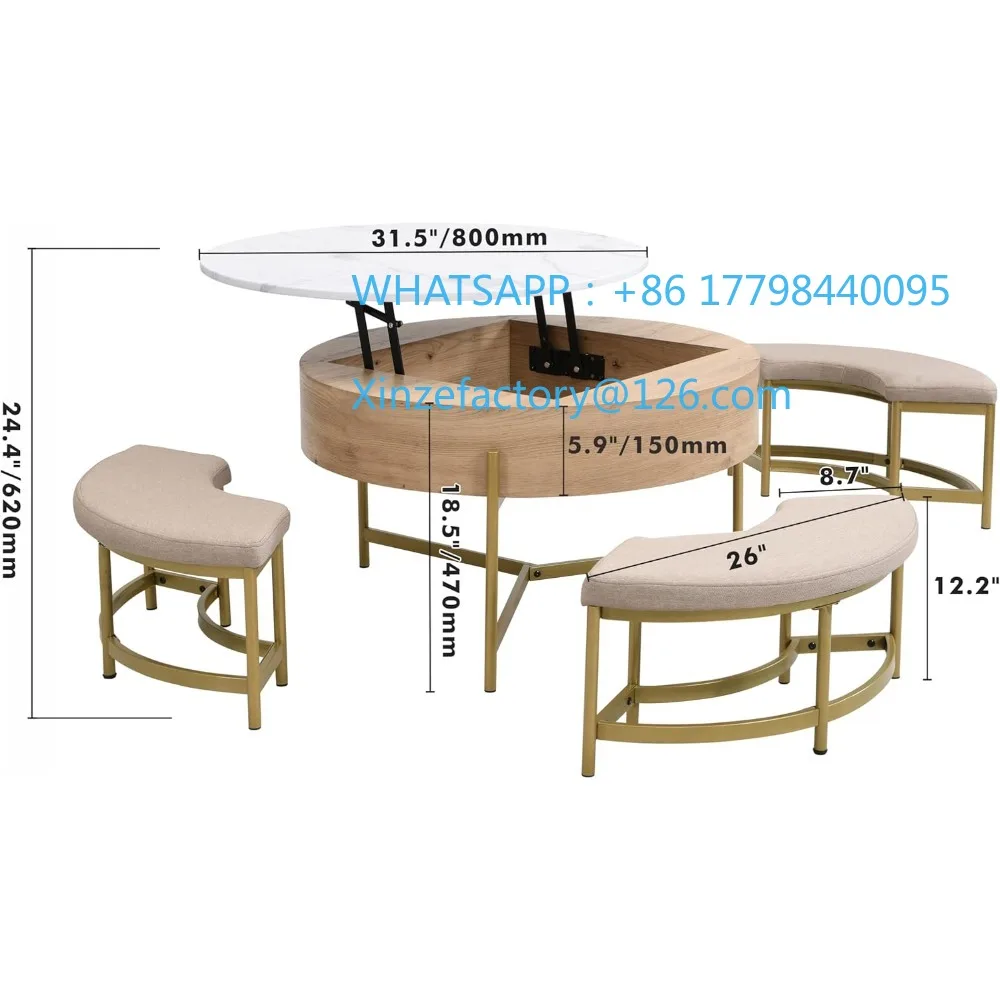 

Customizable Merax Modern Round Lift-Top Coffee Table with Hidden Storage & 3 Ottoman, White + Natural