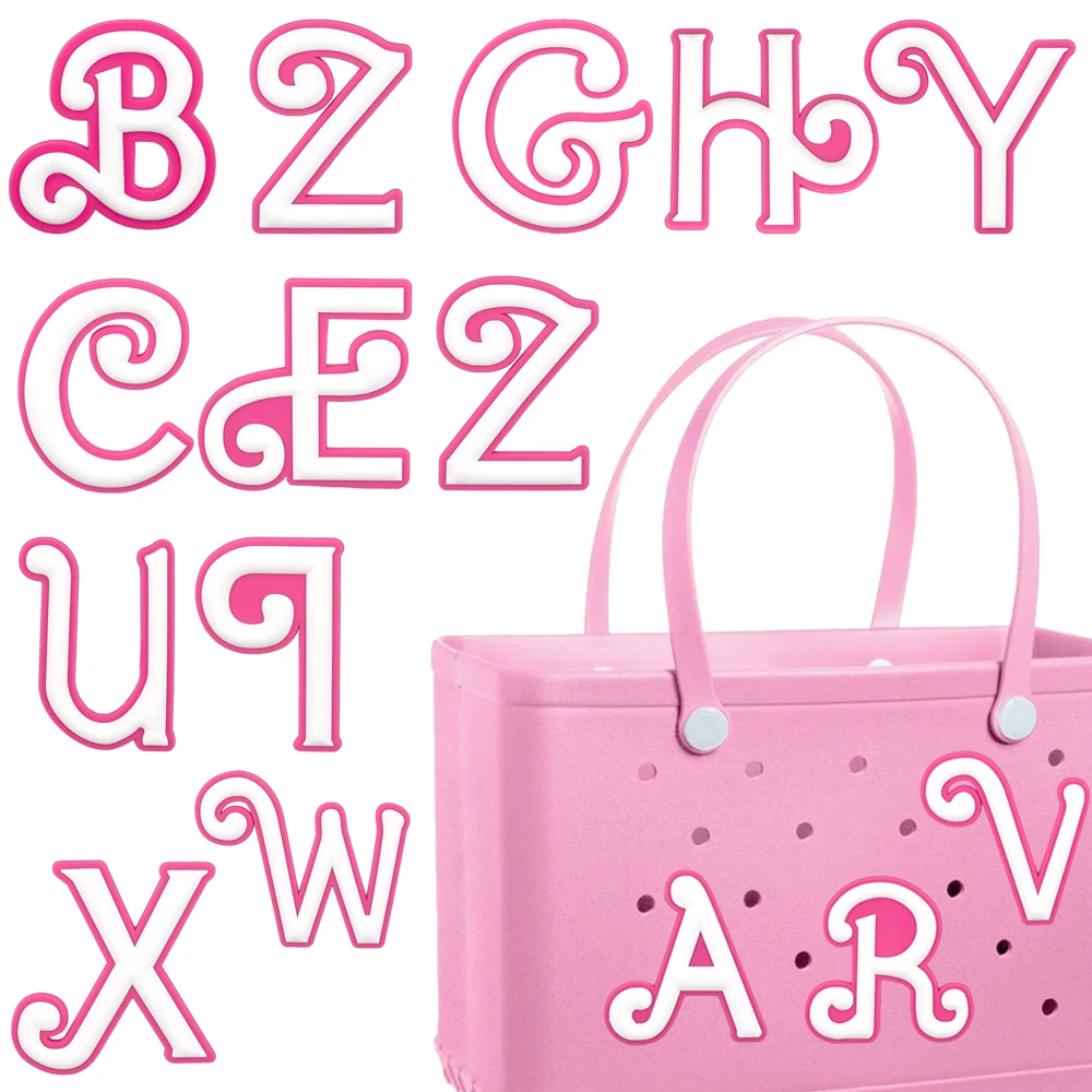 1/26pcs PVC Pink Letter Bag Charms Decorative for DIY Bag Accessories Decorations Buckles for Girl Women Beach Hand Bag Charms