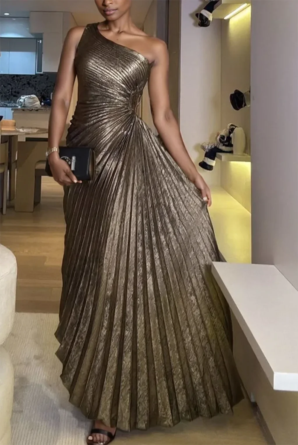 Sexy één schouder taille uitgesneden ruches geplooide gouden avondjurk