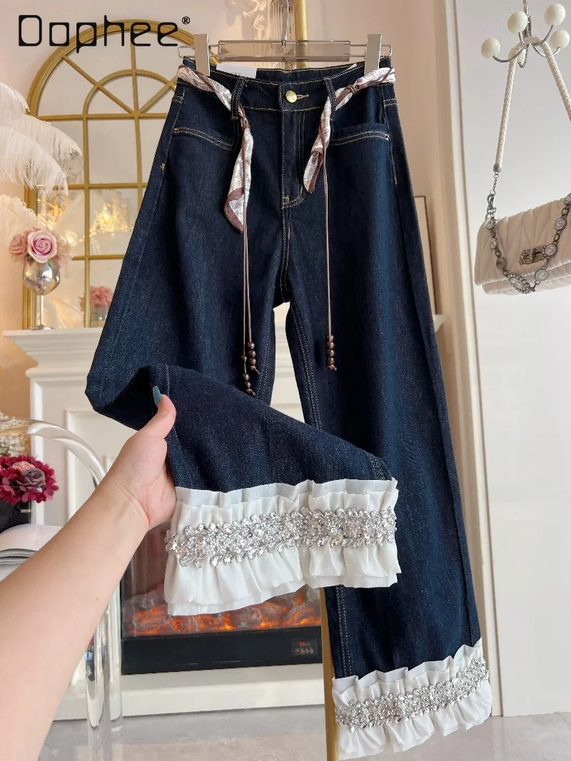 

2025 Autumn Winter New High Waist Slimming Jeans Retro Scarf Belt Ruffled Straight Pants Korean Chic Wide Leg Pants for Women