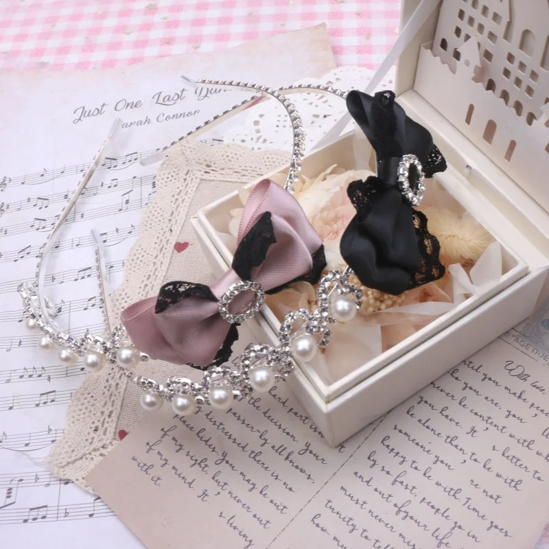 Adorable Bow Lace Headband Lolita Cute Heart Rhinestone Head Band Bowknot Pearl Hair Accessories Kawaii Retro Hair Bows