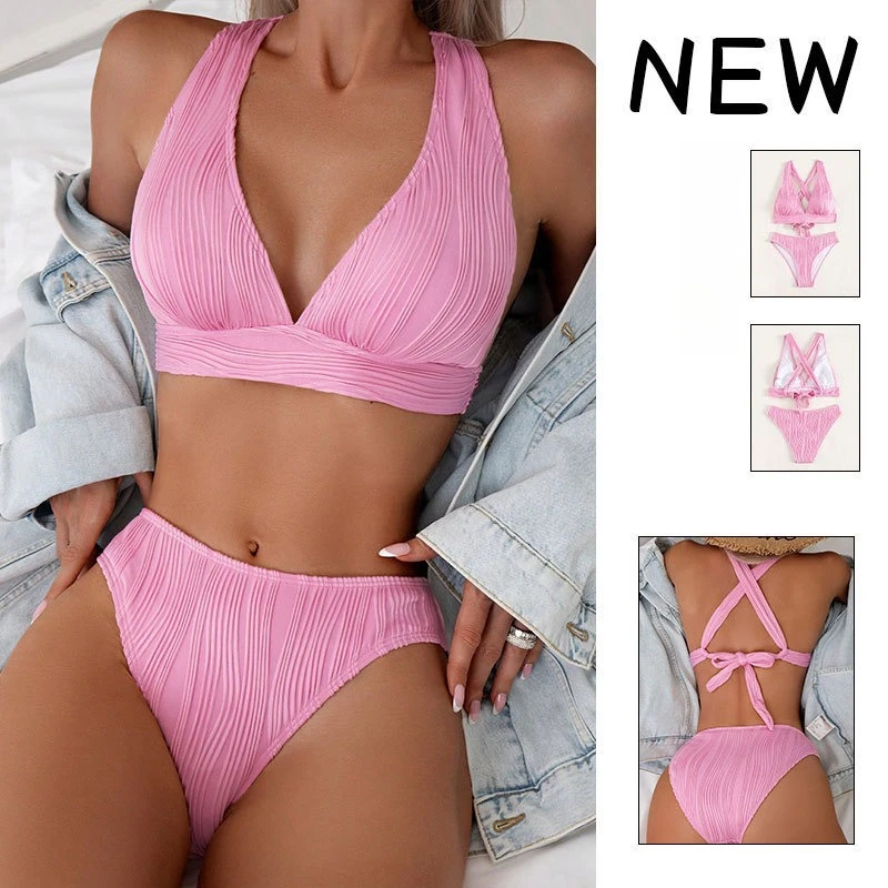 

The 2025 summer new solid-color off-the-neck, lace-up, two-piece swimsuit with a feminine touch
