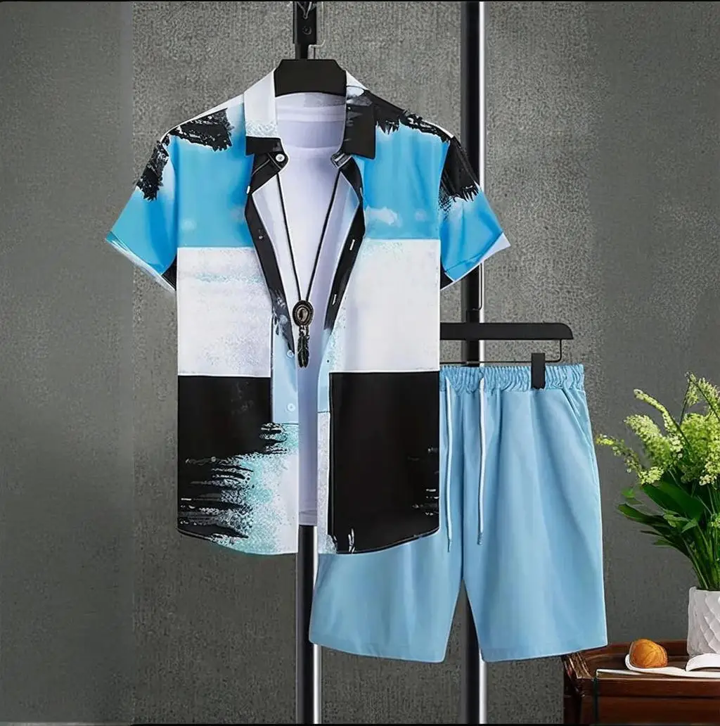 

Hawaii Men's Suit Summer Outdoor Short Sleeve Shirt Casual Beach Pants Classic Stripe Plaid Print OverSize Men's Clothing